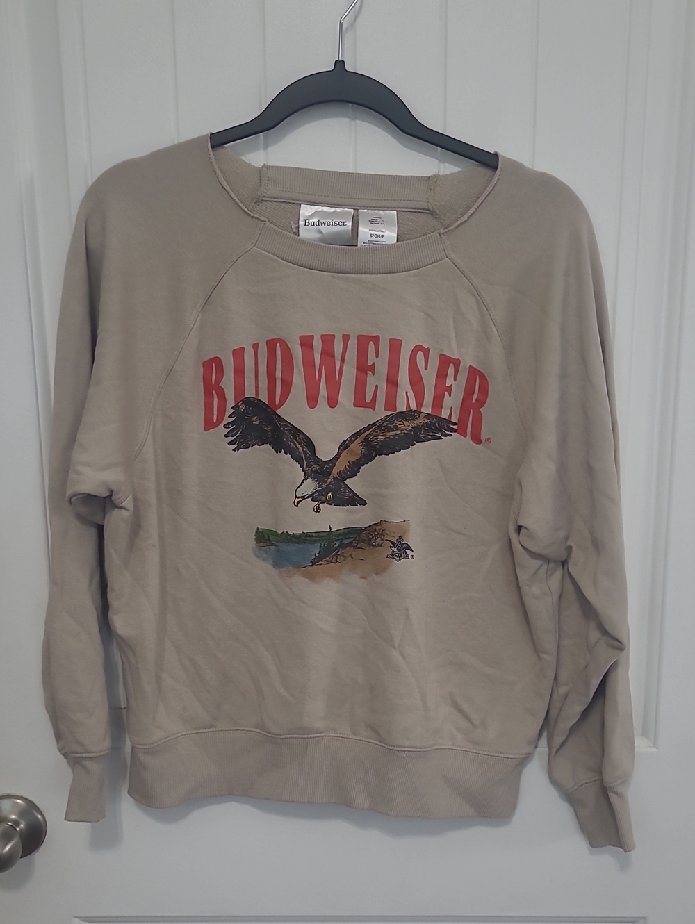 Budweiser Tan Crewneck Sweatshirt with Red Logo and Eagle Graphic